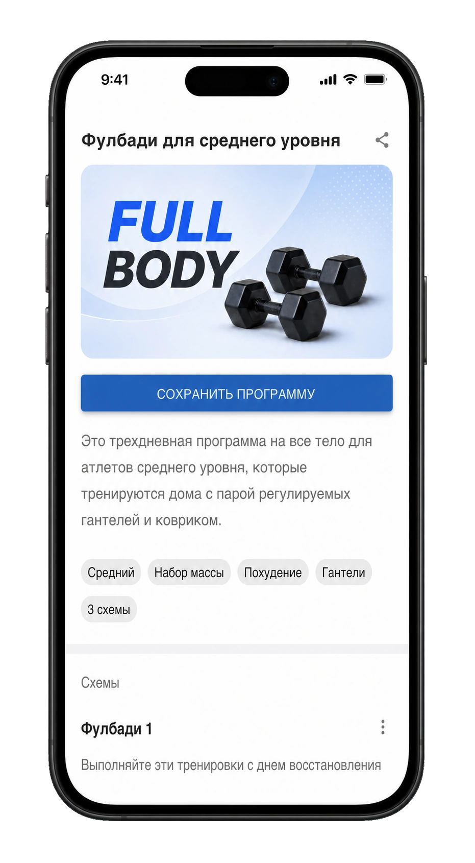 Карточка программы Workouty со списком входящих тренировочных схем
