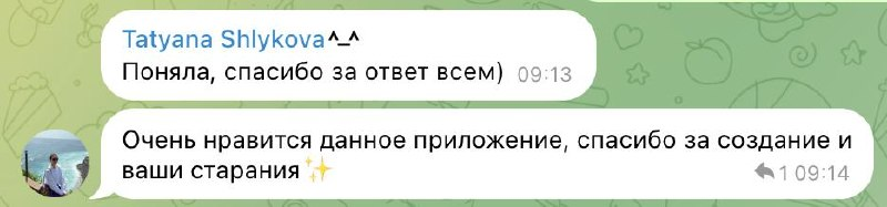 Скриншот отзыва Татьяны Шлыковой: пишет, что приложение очень нравится, и благодарит за создание и развитие Workouty.